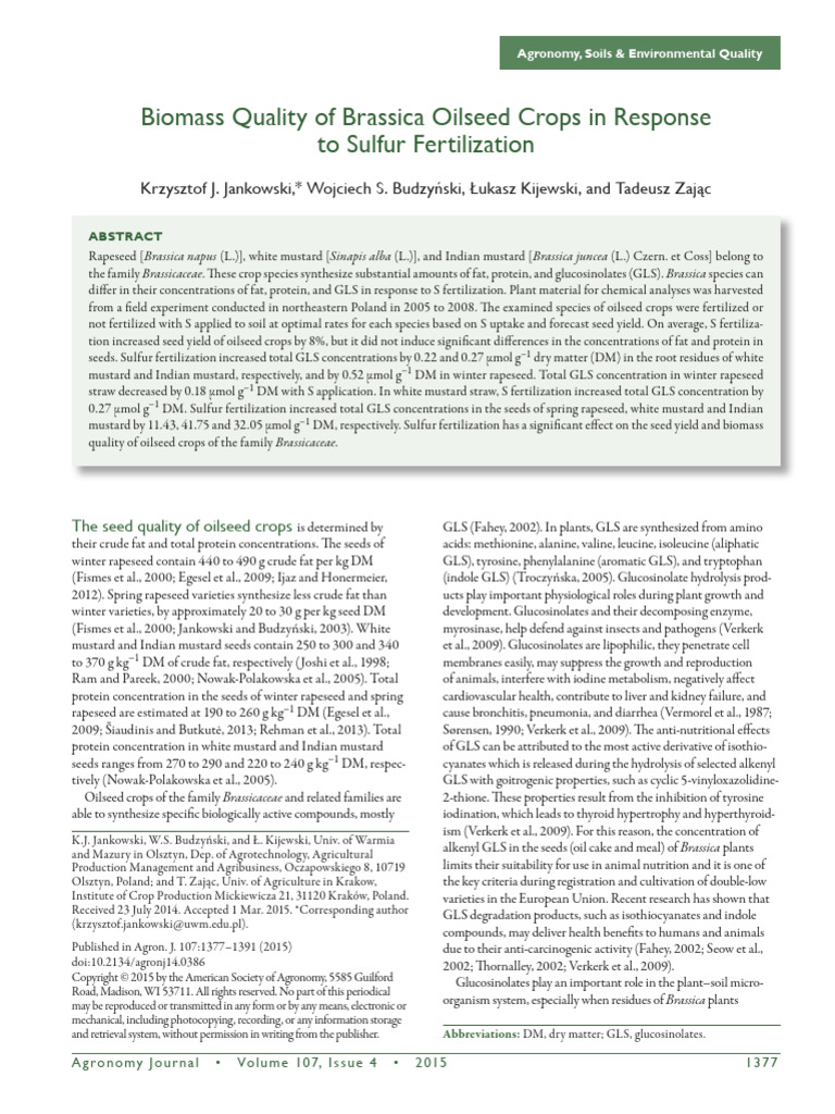 Biomass of Brassica and S Fertilization | PDF | Rapeseed | Fertilizer