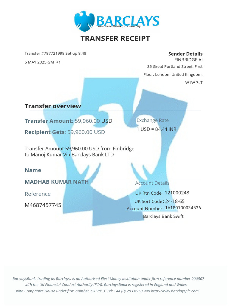 Barclays Bank Transfer Receipt Details | PDF | Banks | Business