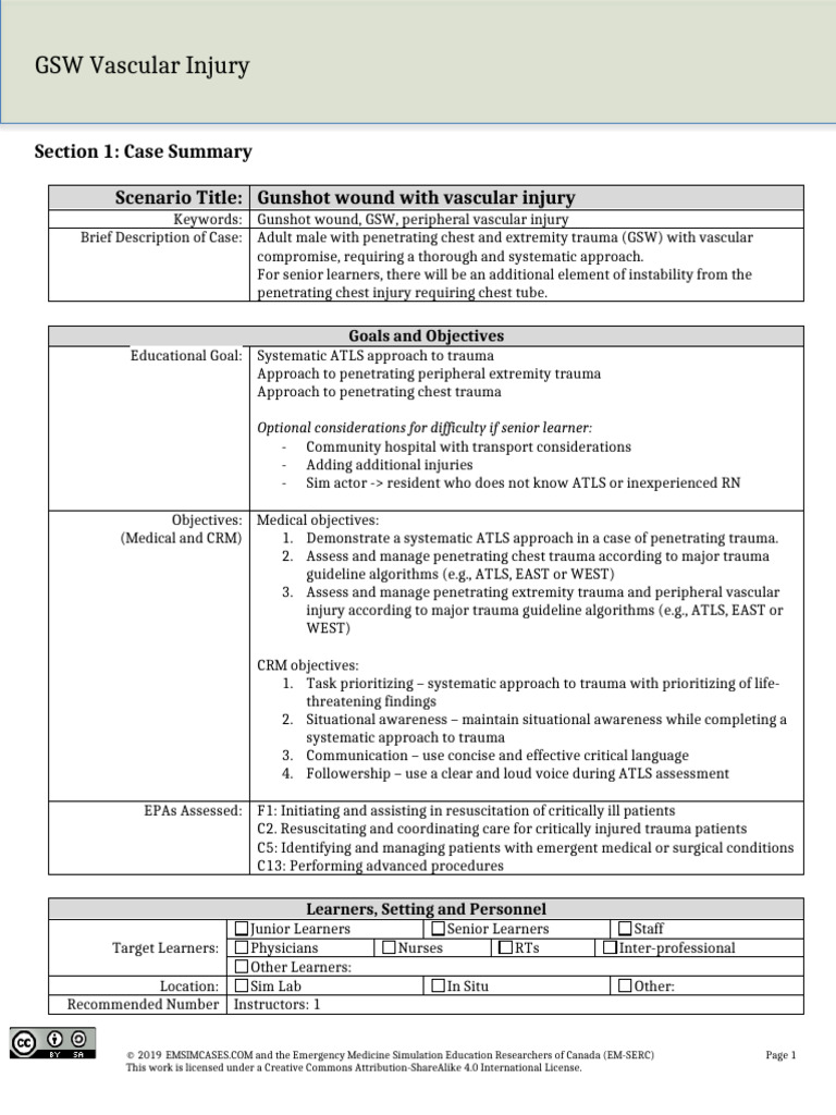 GSW Vascular Injury PDF Major Trauma Medicine