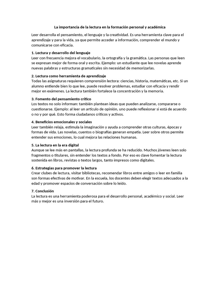 Importancia de la lectura en el desarrollo personal | PDF