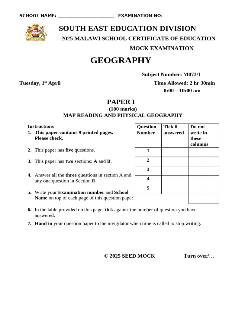 2025 Geography Mock Exam Paper | PDF | Plate Tectonics | Oceans