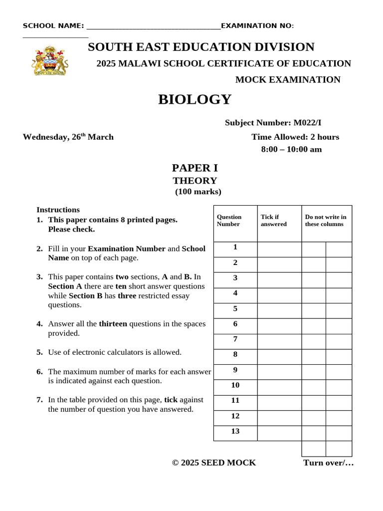 2025 Biology Mock Examination Paper | PDF | Physiology | Biology