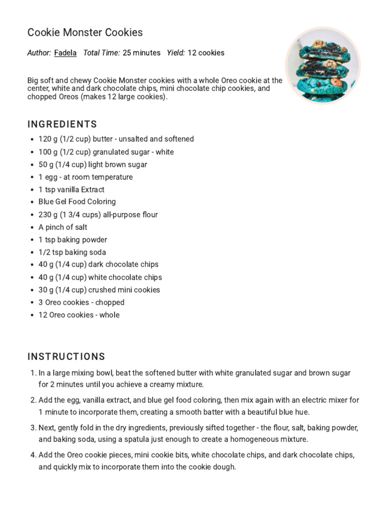 Cookie Monster Oreo Cookies Recipe | PDF | Baking | Foods