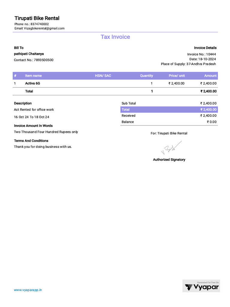 Tax Invoice: Tirupati Bike Rental | PDF