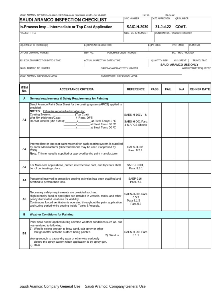 Saudi Aramco Painting Inspection Checklist | PDF | Paint | Materials