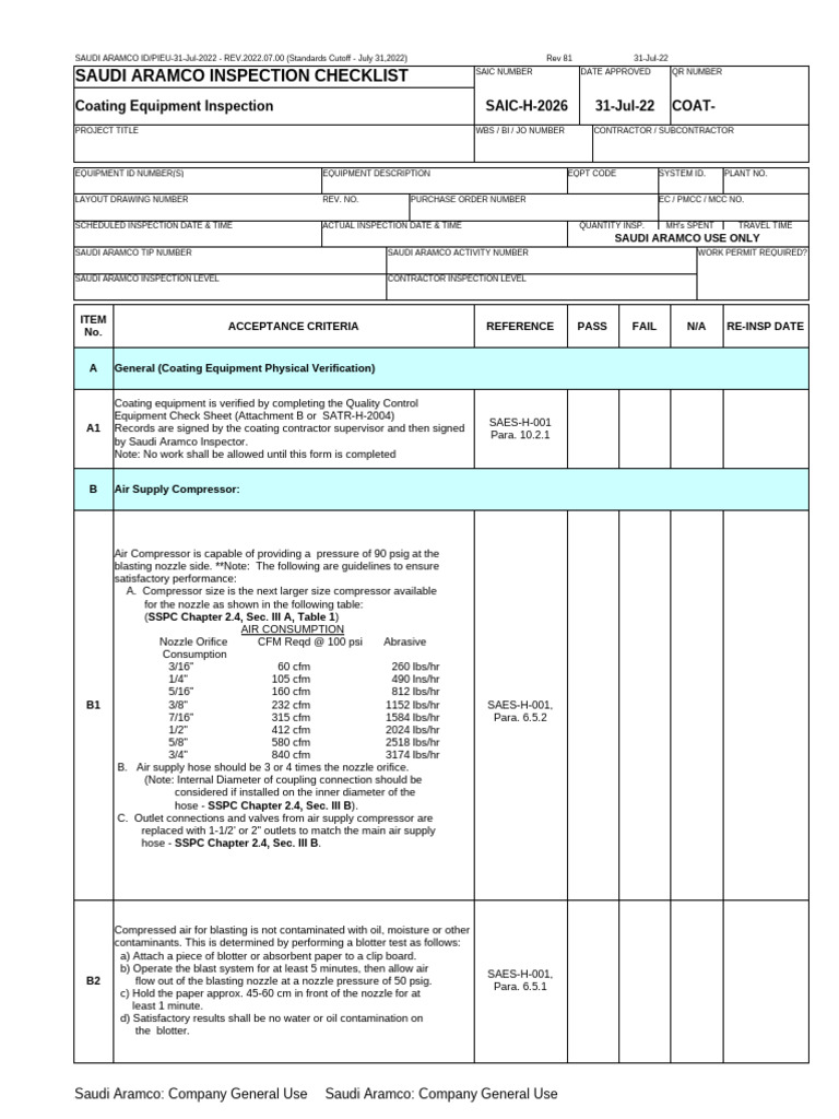 Coating Equipment Inspection Checklist | PDF | Gases | Gas Technologies