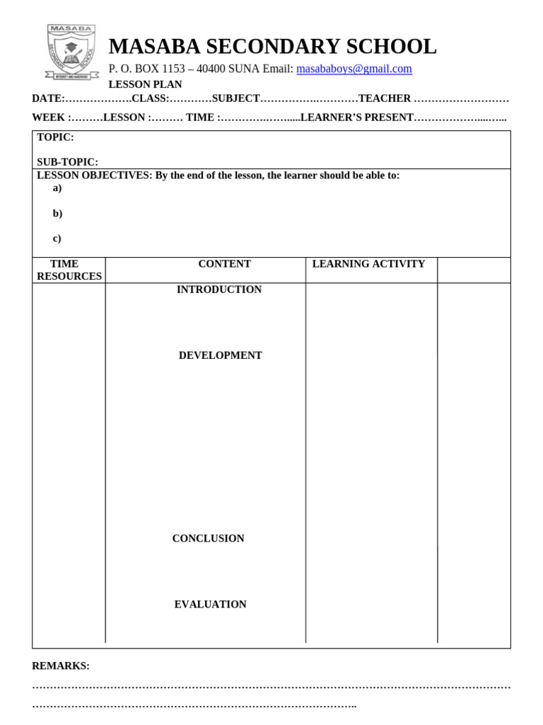 Masaba Secondary School Lesson Plan | PDF