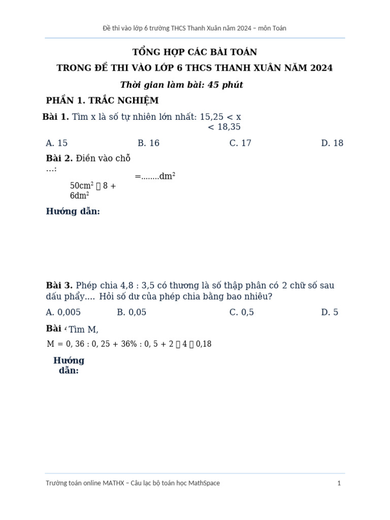 (MATHSPACE) ĐỀ THI TUYỂN SINH VÀO LỚP 6 THANH XUÂN 2024 - 2025 - ĐÁP ÁN ...