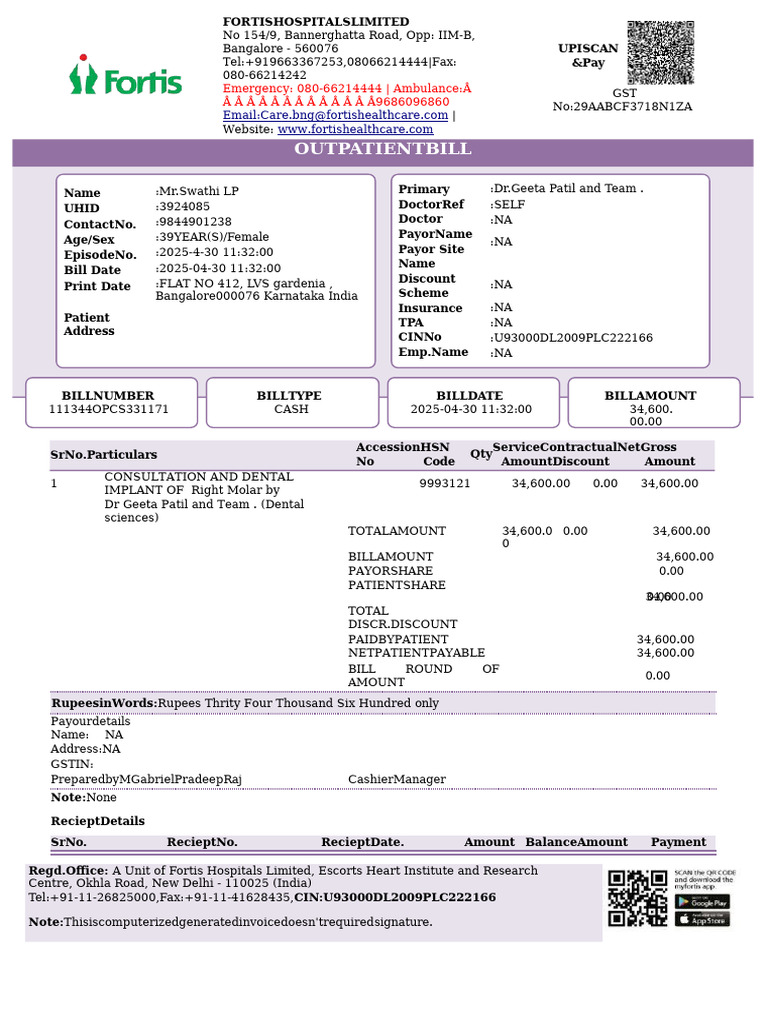 Fortis Hospital Dental Invoice Details | PDF