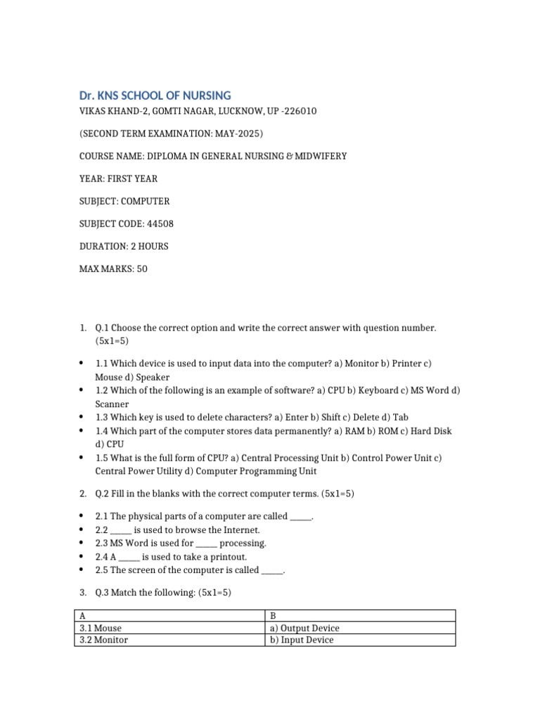 GNM 1st Year Computer Exam Paper 2025 | PDF