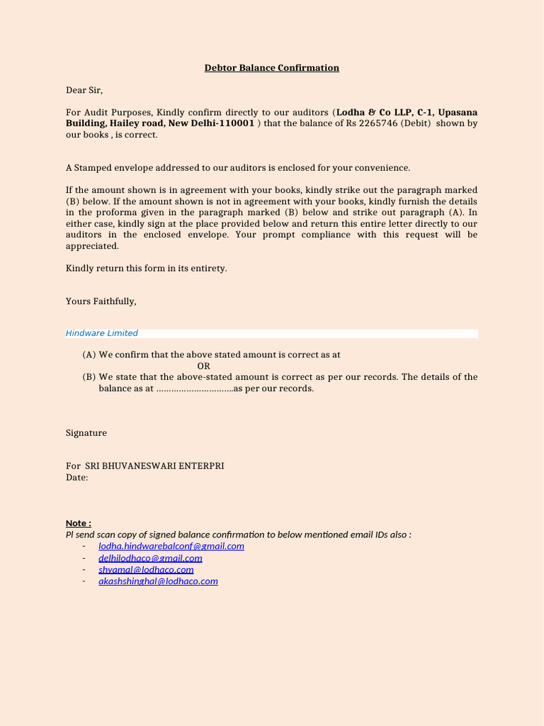 Debtor Balance Confirmation Request | PDF