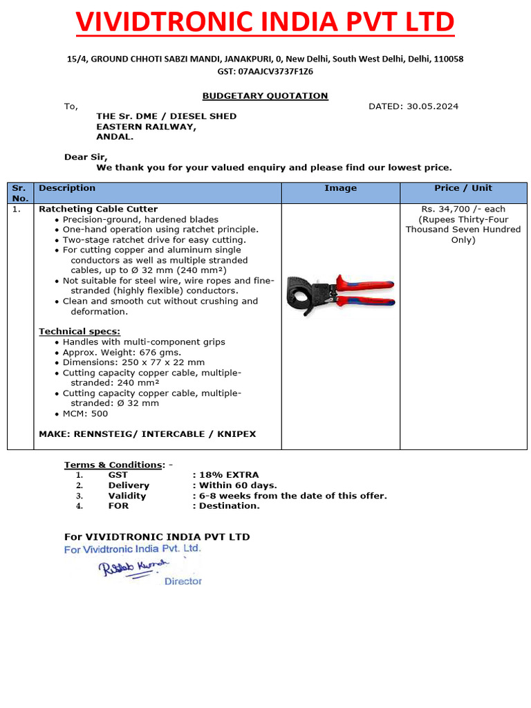 Budget Quotation for Ratcheting Cable Cutter | PDF