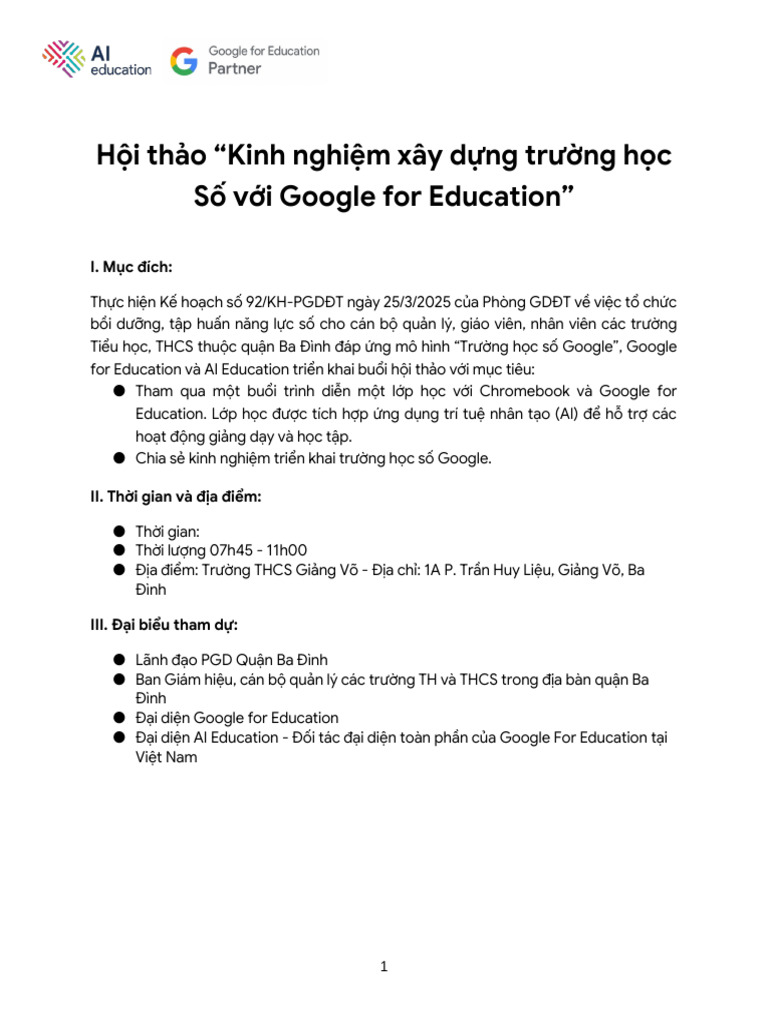 Hội Thảo Xây Dựng Trường Học Số Với Google Workspace For Education | PDF