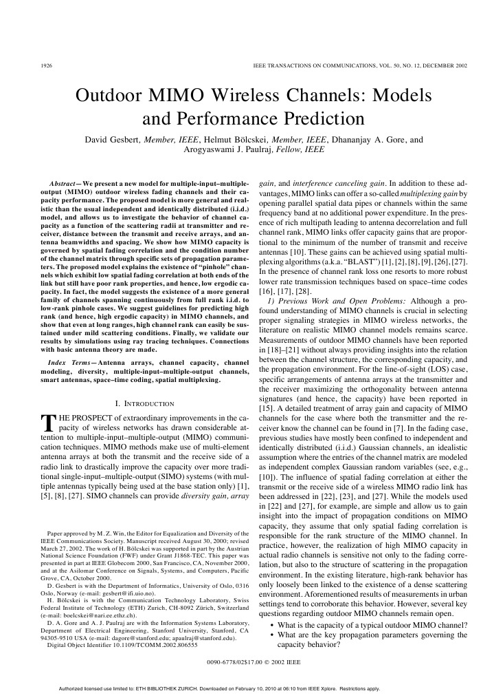 Outdoor MIMO Wireless Channels: Models and Performance Prediction | PDF ...