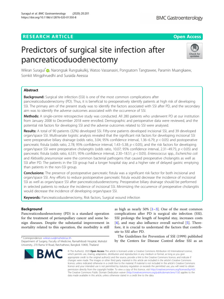 Predictors of Surgical Site Infection After Pancreaticoduodenectomy ...