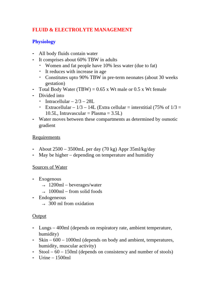 Fluid and Electrolyte Management Guide | PDF | Dehydration | Physiology
