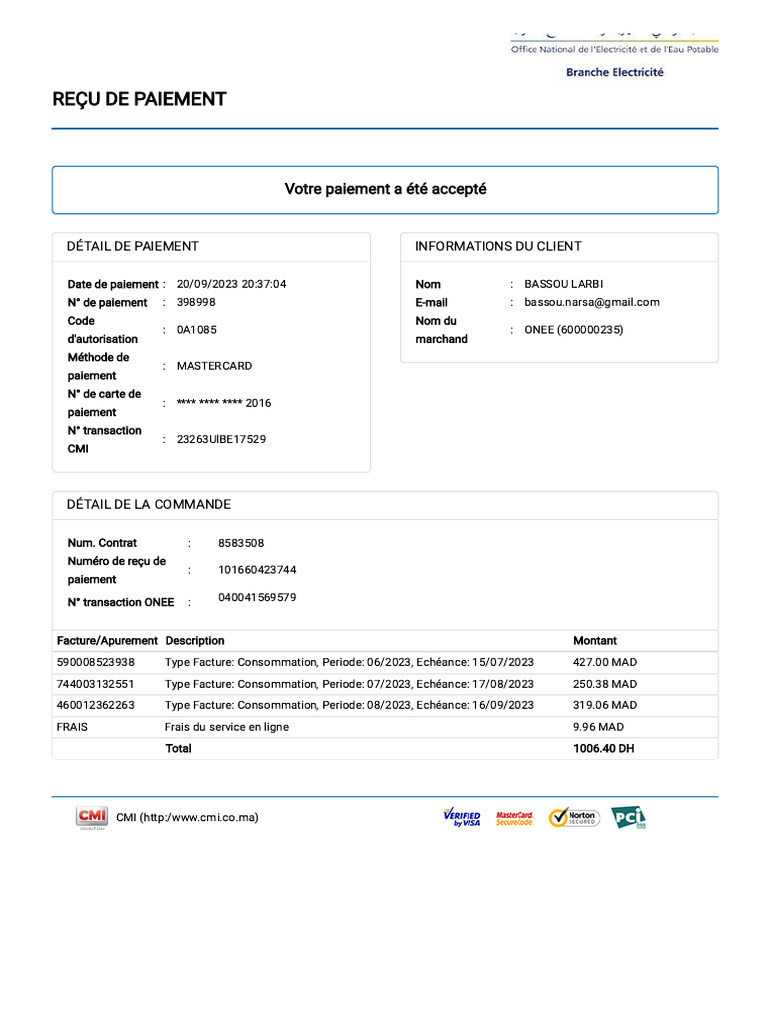 Reçu de paiement ONEE - Détails et montant | PDF