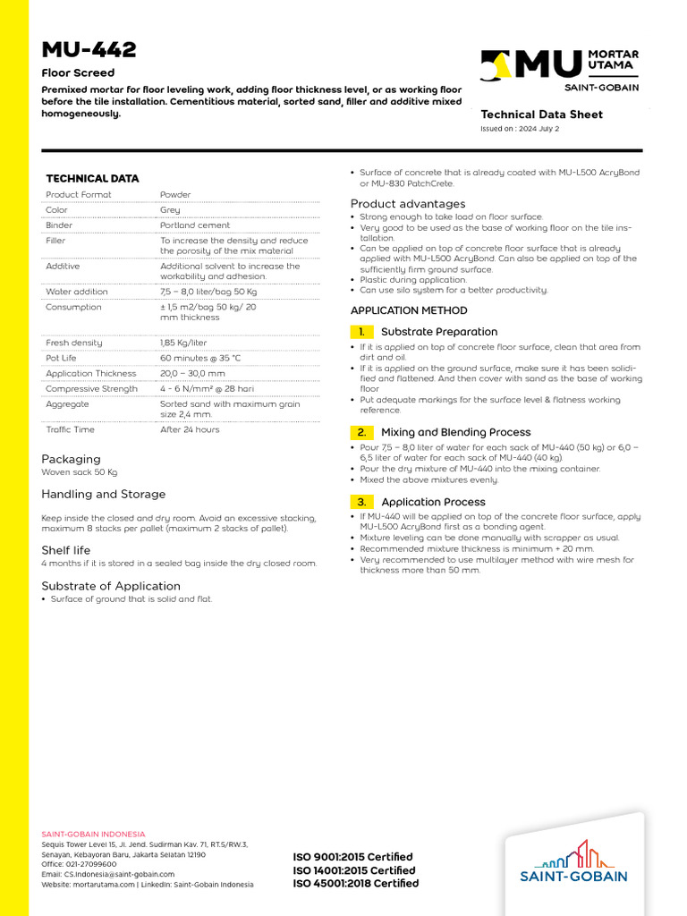 MU-442 Floor Screed Technical Data | PDF | Concrete | Cement