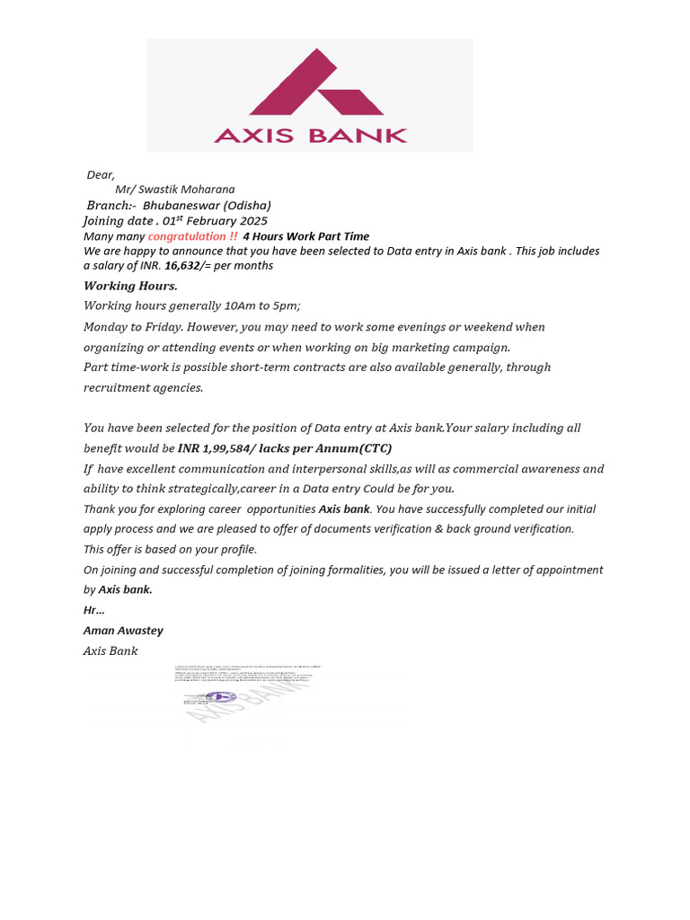 Axis Bank Data Entry Job Offer Letter | PDF