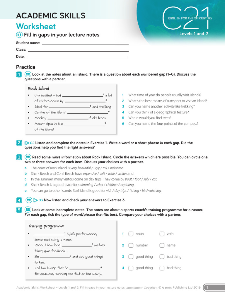C21 L1+2 Academic Skills Worksheet Fill in Gaps in Your Lecture Notes ...