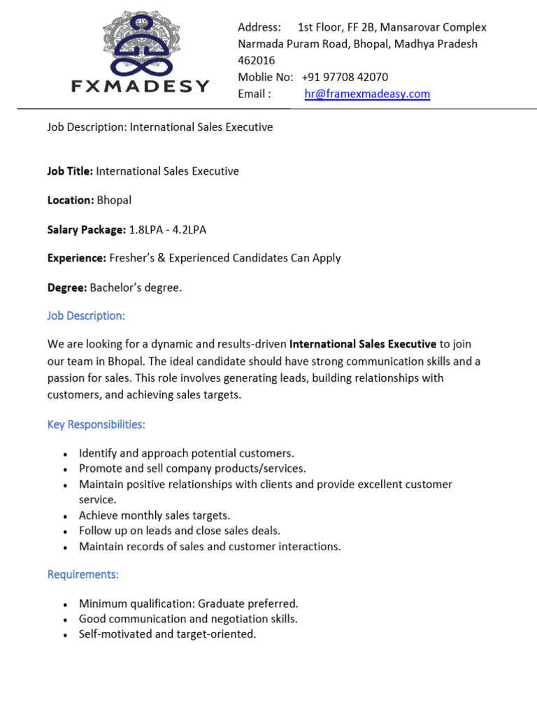 International Sales Executive JD Bhopal | PDF