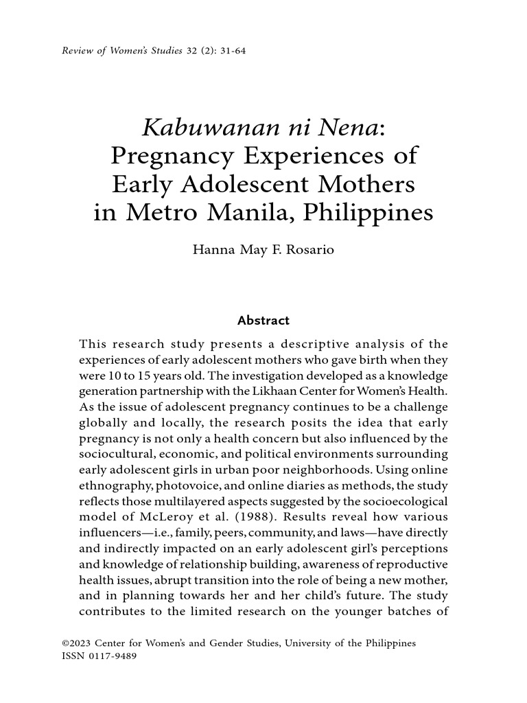 Pregnancy Experiences of Early Adolescent Mothers in Metro Manila ...