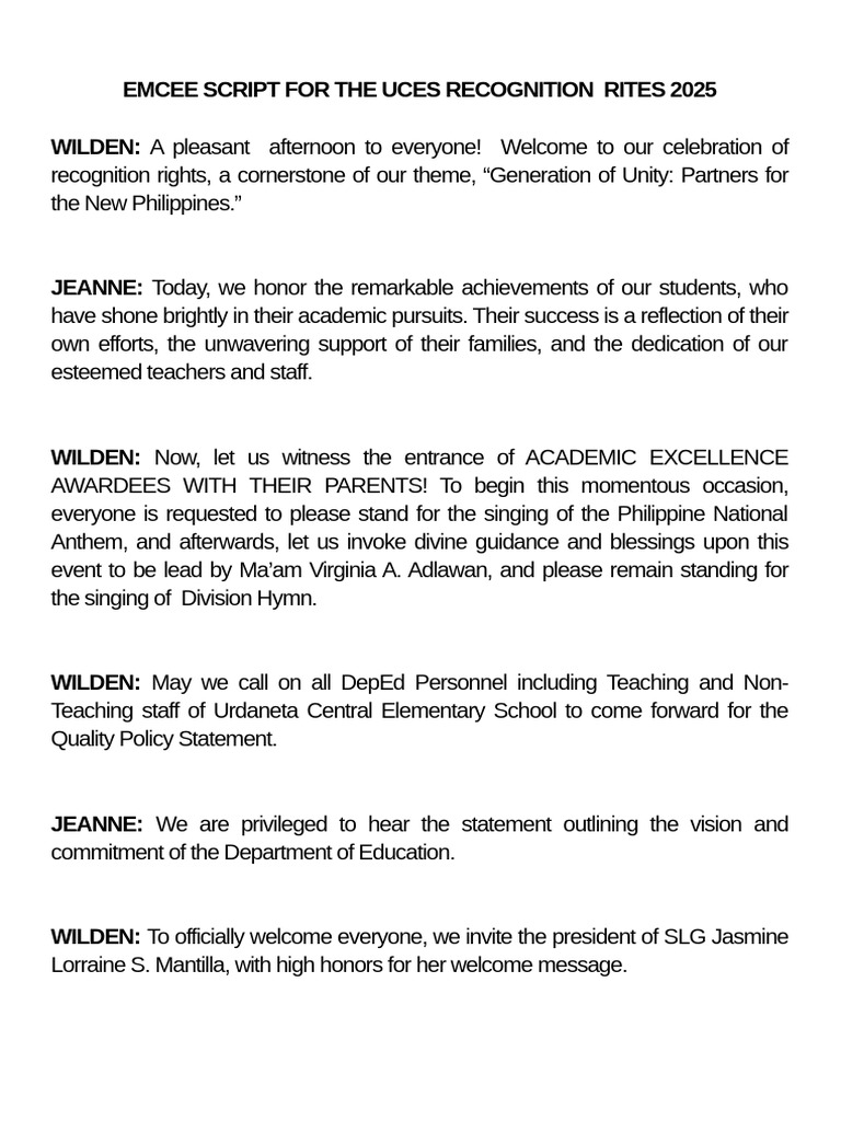 UCES Recognition Rites 2025 Emcee Script | PDF | Rituals