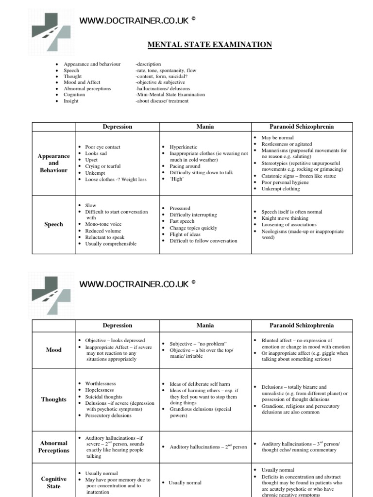 Mental State Examination Guide | PDF | Schizophrenia | Mania