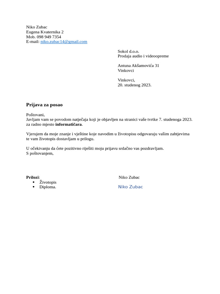 Prijava za posao | PDF