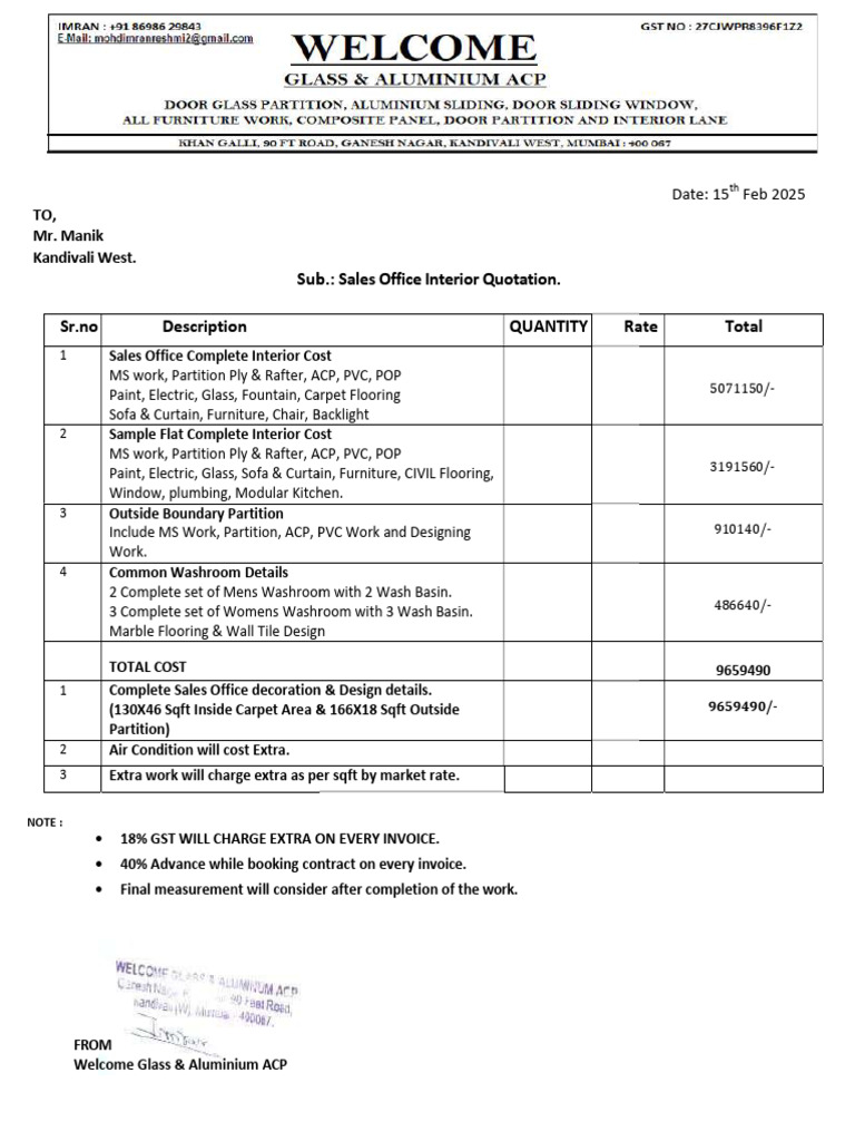 Sales Office Interior Quotation Breakdown | PDF