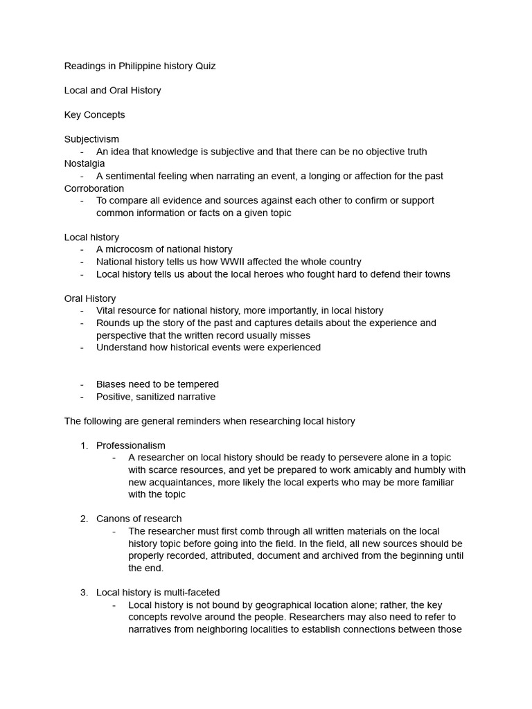 Readings In Philippine History Quiz Pdf Oral History Narrative