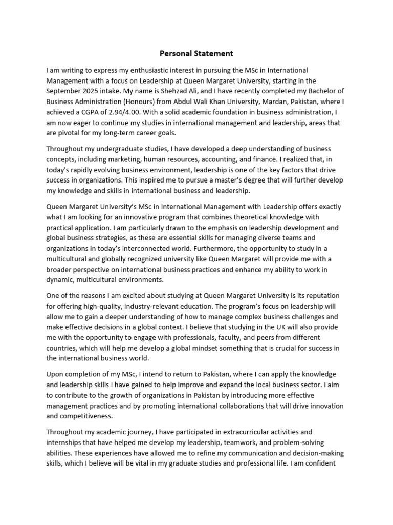 Personal Statement | PDF | Leadership | Cognition