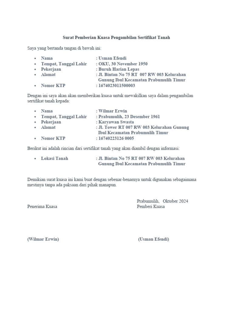 Contoh Surat Kuasa Pengambilan Sertifikat Tanah Di BPN Word | PDF