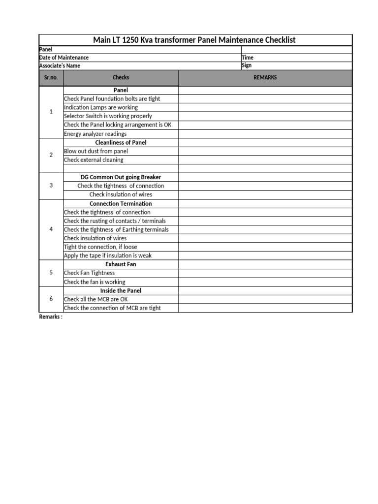 LT Transformer & Panel Maintenance Checklist | PDF | Thermostat ...