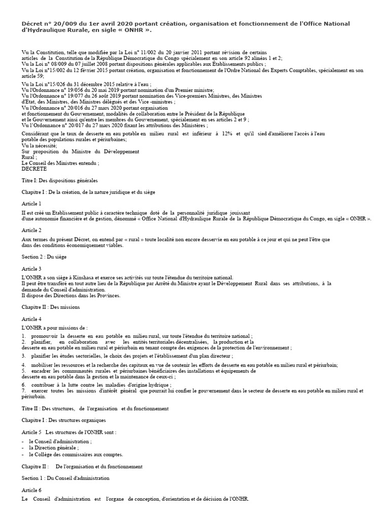Création de l'Office National d'Hydraulique Rurale | PDF | Budget ...