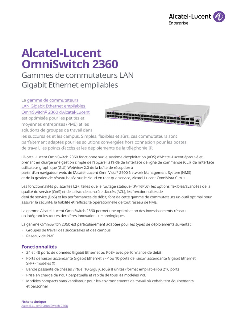 Fiche technique Alcatel-Lucent OS2360 | PDF | I Pv6 | Ethernet
