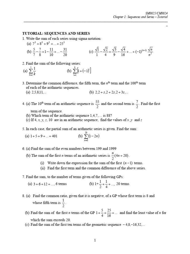 Arithmetic Sequences and Series Tutorial | PDF | Infinity | Elementary ...