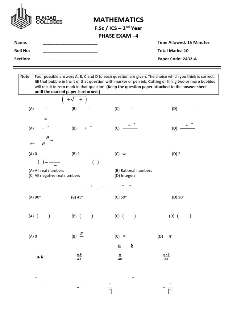 2nd Year Mathematics Phase Exam 4 | PDF | Euclidean Vector | Elementary ...