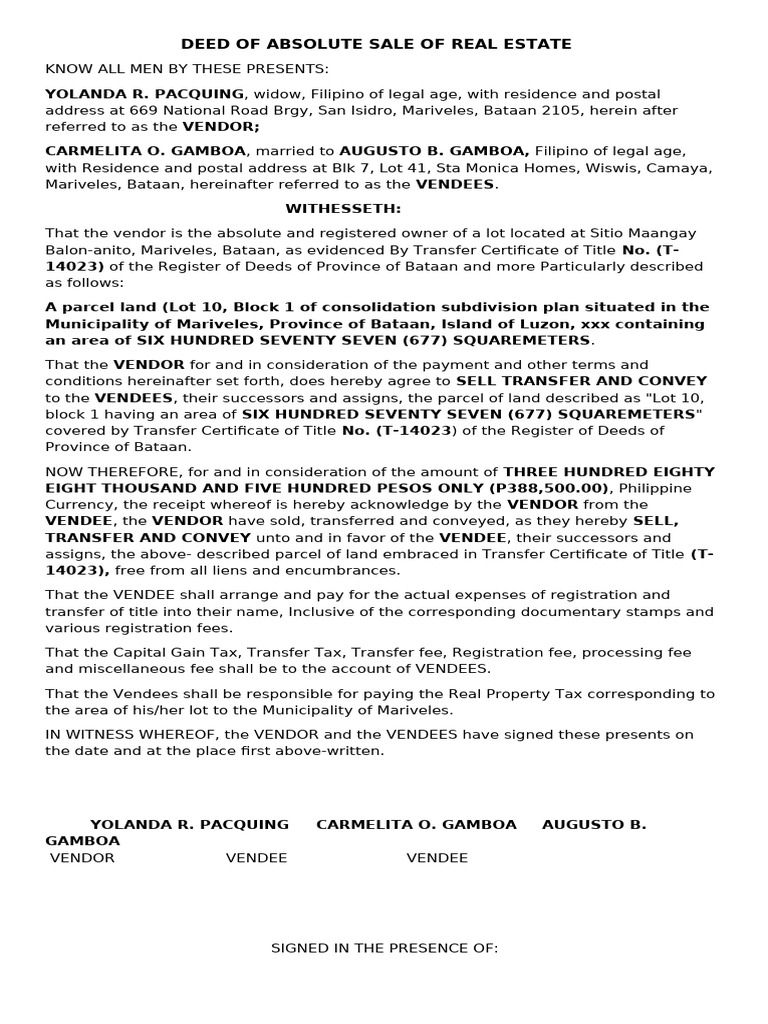 Deed of Absolute Sale of Real Estate | PDF | Private Law | Land Law