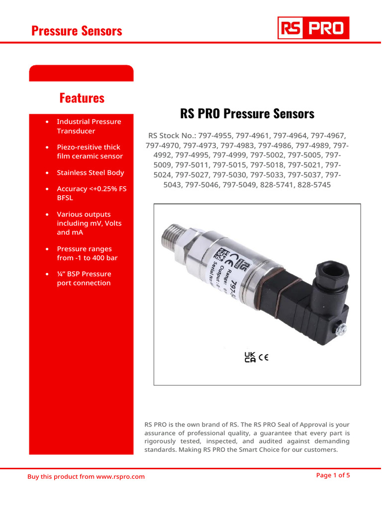 RS PRO Pressure Sensors | PDF | Physical Sciences | Thermodynamics