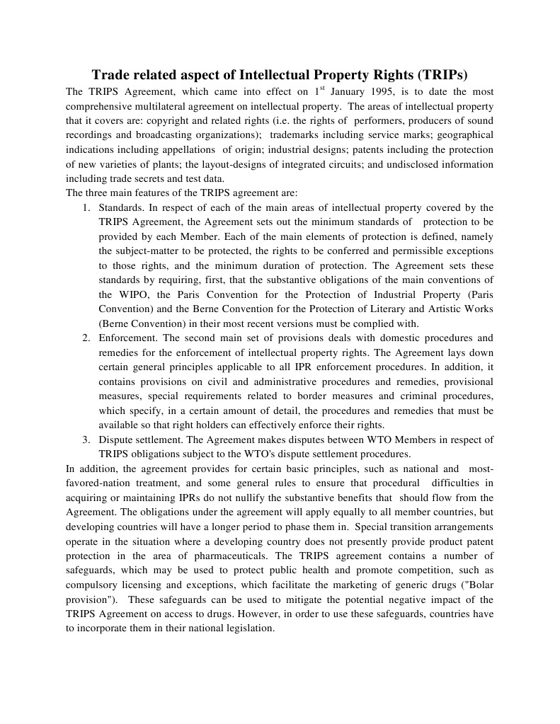 Short Notes Trips Agreement General Agreement On Trade In Services