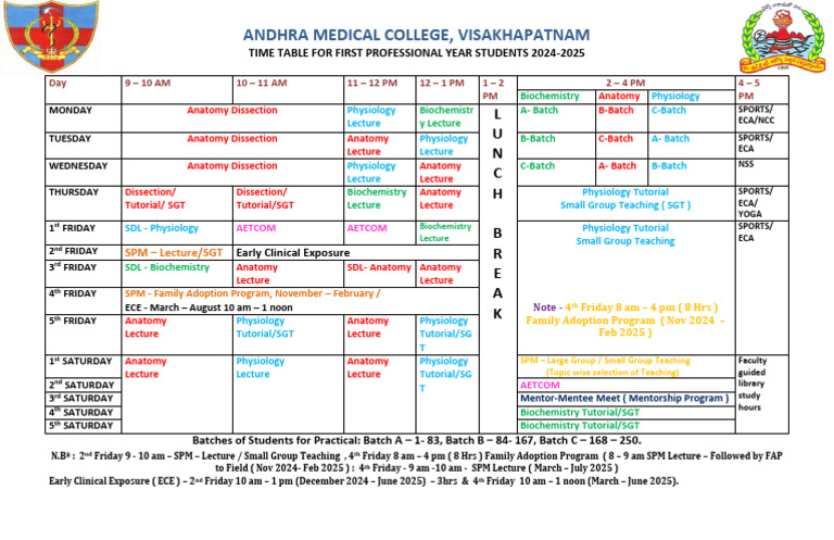 Andhra Medical College 2024-2025 Timetable | PDF | Biology | Medicine