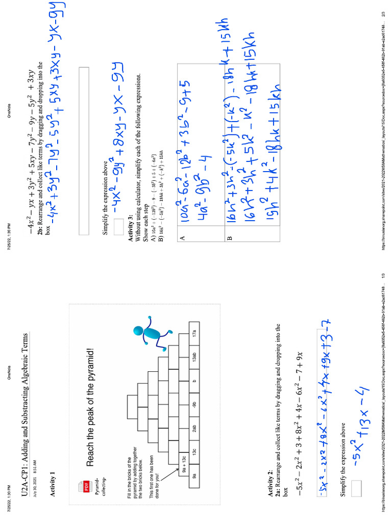 Adding and Subtracting Algebraic Terms Homework | PDF