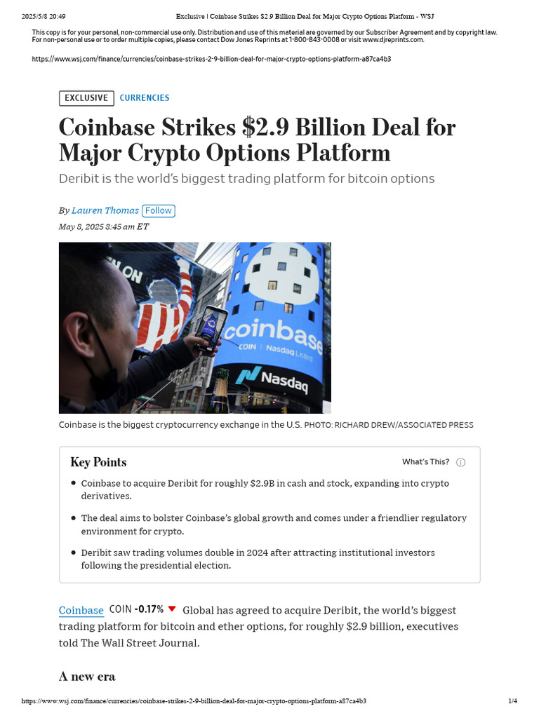 Exclusive - Coinbase Strikes $2.9 Billion Deal For Major Crypto Options  Platform - WSJ | PDF | Cryptocurrency | The Wall Street Journal