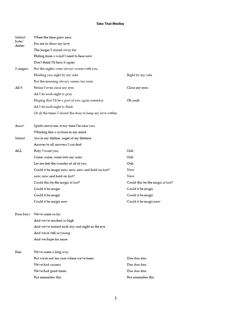 Take That Medley Performance Script | PDF