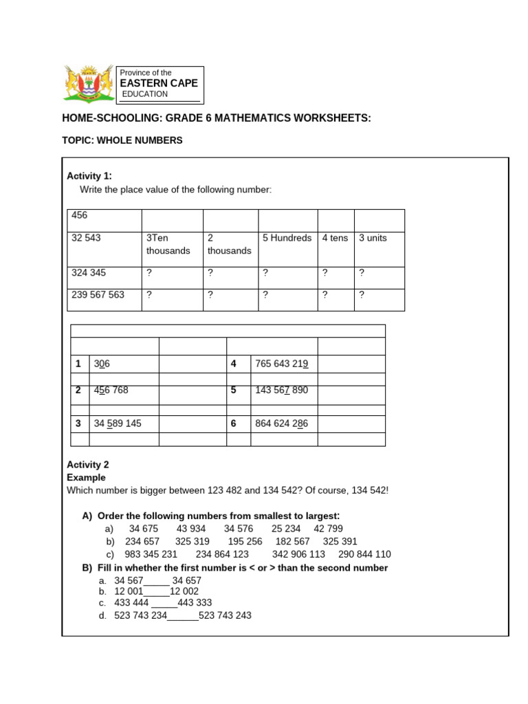 Grade 6 Home-Schooling Math Worksheets | PDF | Numbers | Elementary ...