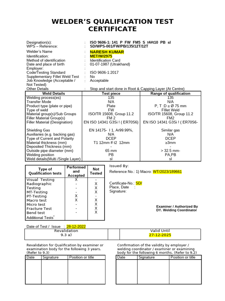 WQT Certificate for Naresh Kumar | PDF | Welding | Construction