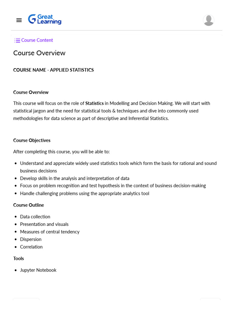 Applied Statistics Vol 1 Course Overview | PDF