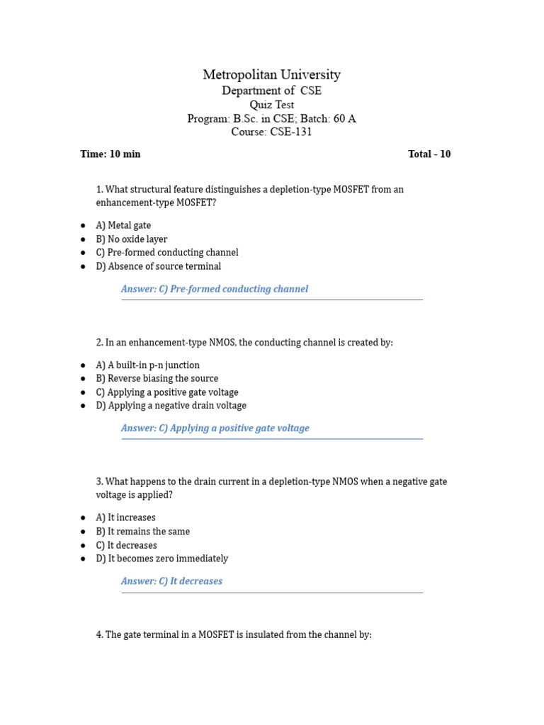 CSE-131 MOSFET Quiz Questions | PDF | Mosfet | Field Effect Transistor