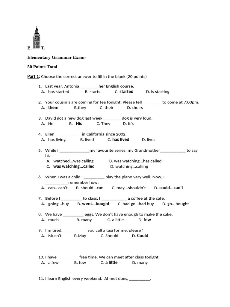 New L2 Grammar Exam - Bold Answer Key | PDF | Perfect (Grammar ...
